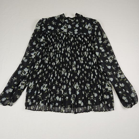MNG Mango Womens Pleated Floral Blouse Relaxed Necktie Black Cottage Romantic 6 - Picture 11 of 16